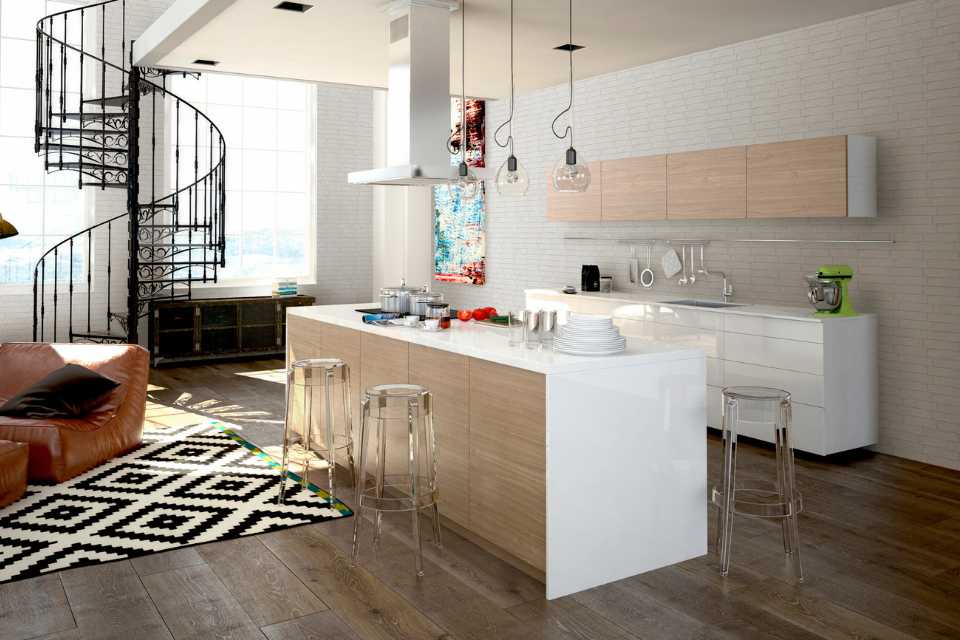 brick tile in 80s style apartment with spiral staircase, clear barstools and patterned geometric area rug